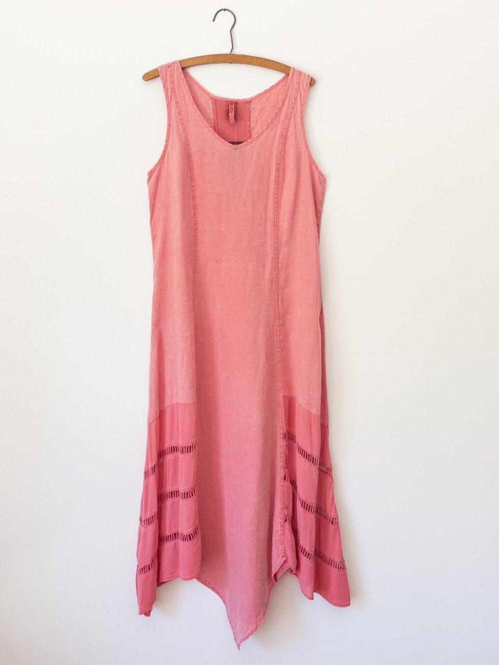 XCVI Linen Boho Lagenlook Maxi Dress Size Small Coral Pink Handkerchief Hem